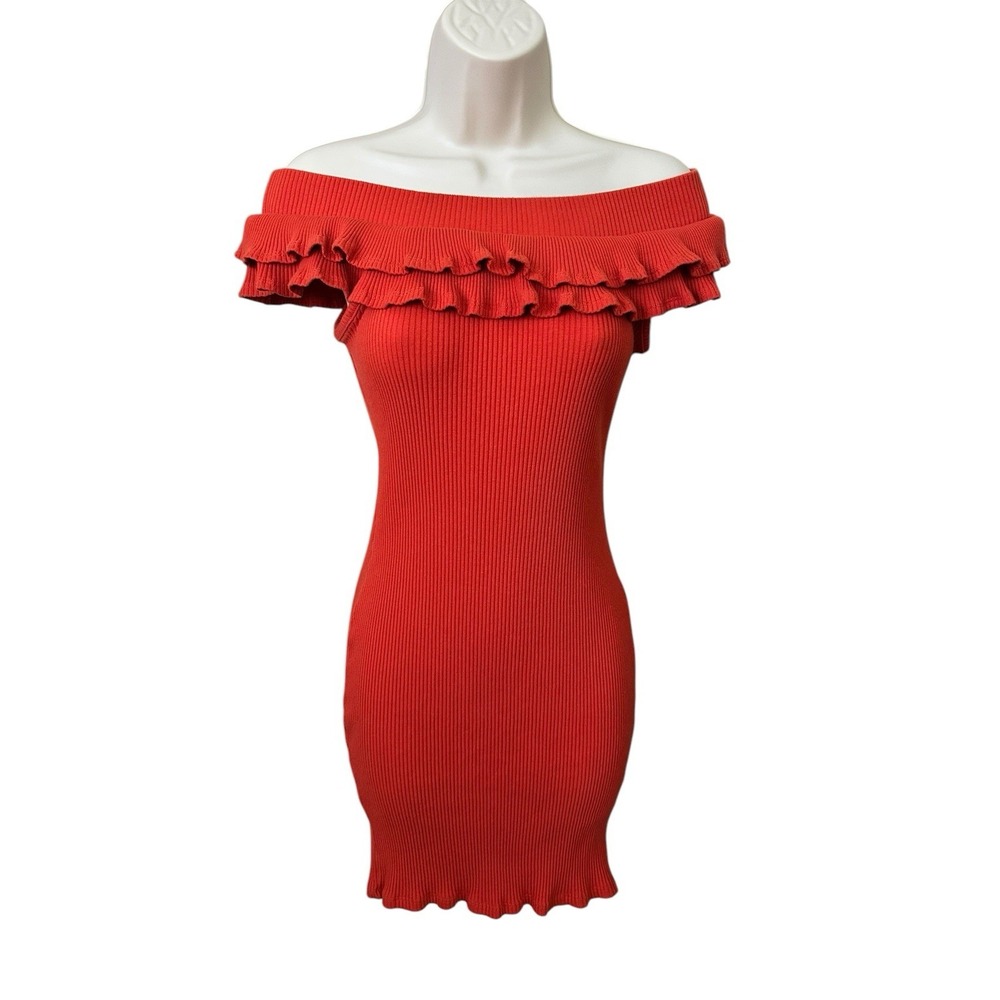 Haute Monde Bodycon Ruffle Dress Rust‎ Orange Sexy Form Fitting Jrs SZ M
